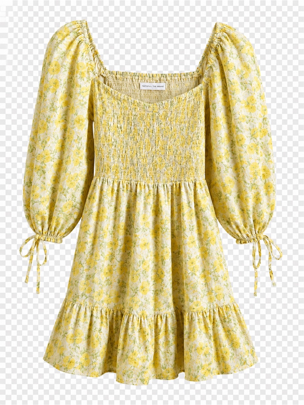 Faithfull the Brand Romina Yellow Floral Smocked Linen Mini Dress Size 8 NWT